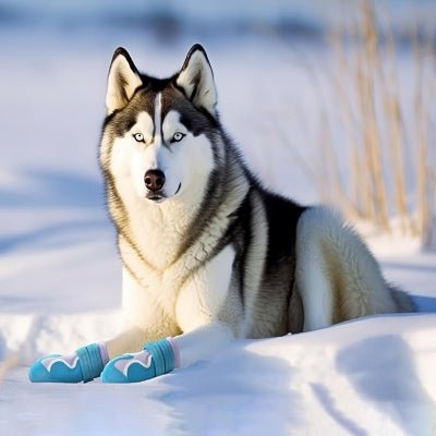 Magnifique huskies dans la neige portant les bottes secure bleu pale