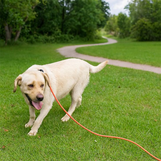 Longe orange avec gros chien blanc