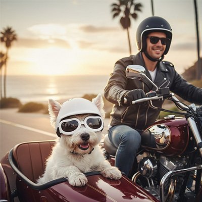 Casque moto petit chien en ballade moto