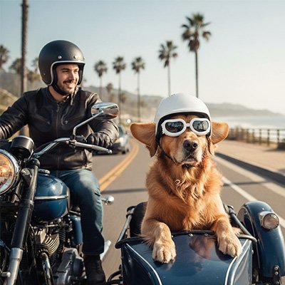 Casque moto pour chien golden en ballade moto