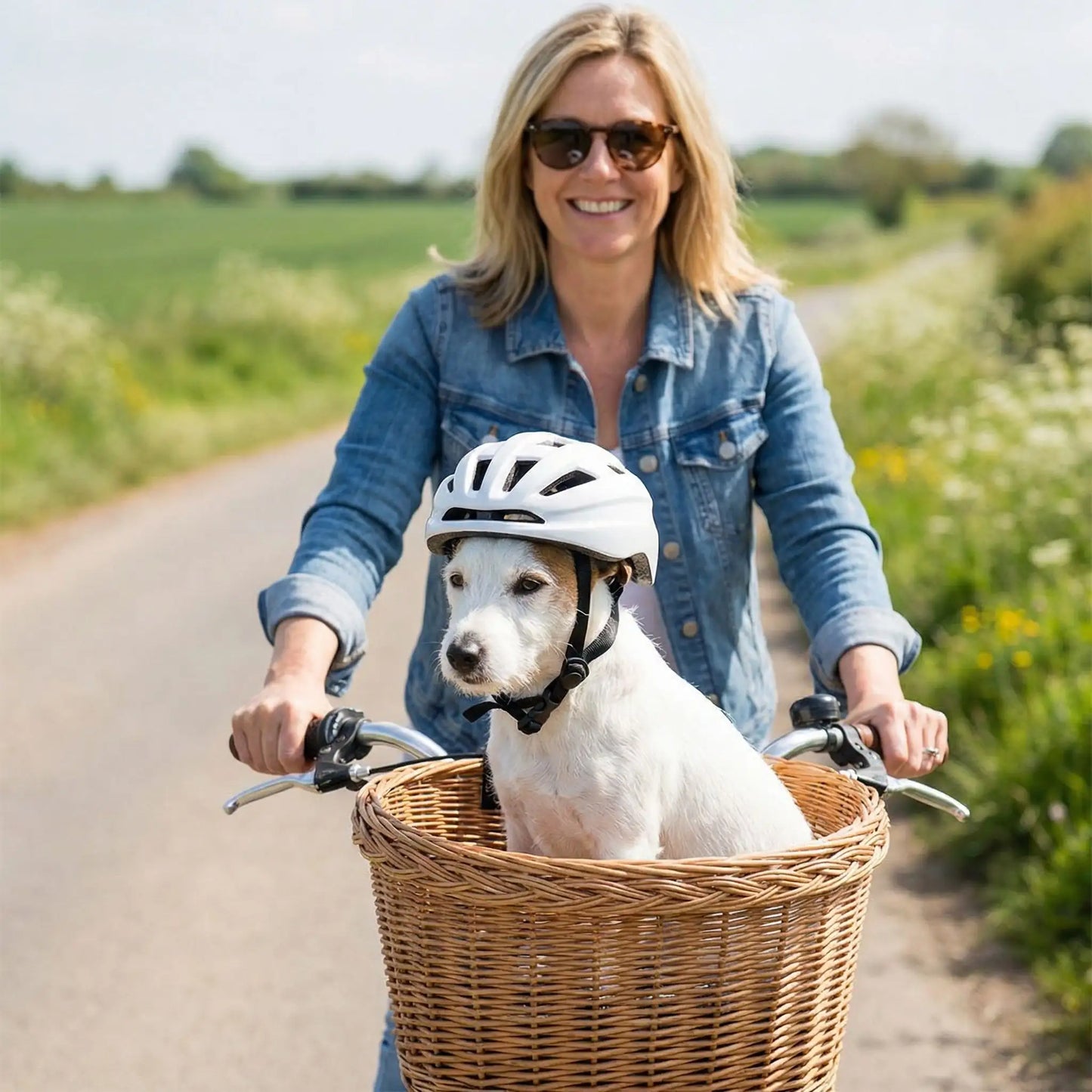 casque velo chien zen dans son panier en velo avec sa maitresse