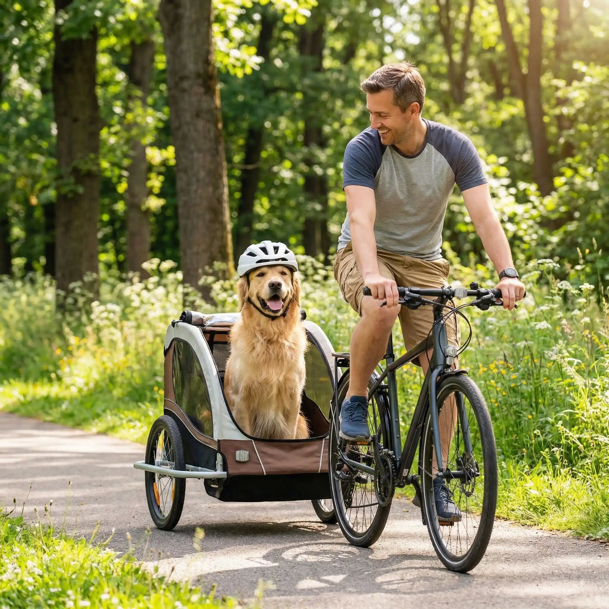 Casque velo chien zen dans sa remorque a velo