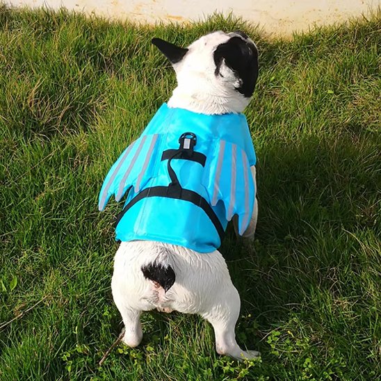 Gilet de sauvetage chien poisson volant dos bleu