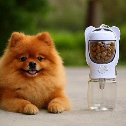 Gourde pour chien​ petit chien pomeranien a cote de sa gourde