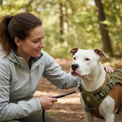 Harnais chien boxer blanc et brun couleur kaki