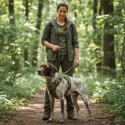 Harnais chien femme dans sentier avec chien de chasse