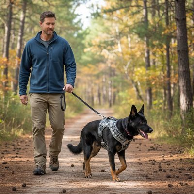 Harnais chien gris clair homme dans santier avec berger