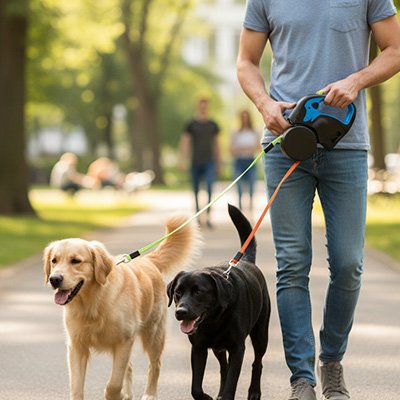 Homme et ballade urbaine deux chiens heureux
