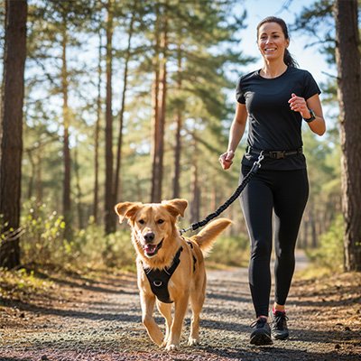 Laisse canicross jeune femme en jogging en sentier