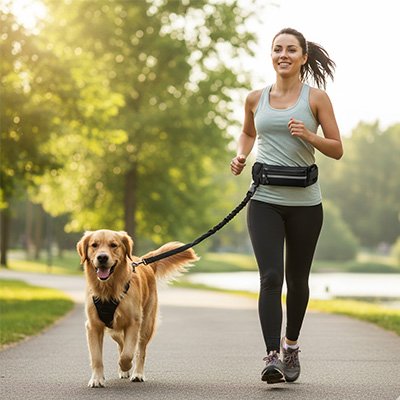 Laisse canicross joggeuse au parc avec chien golden retriever.