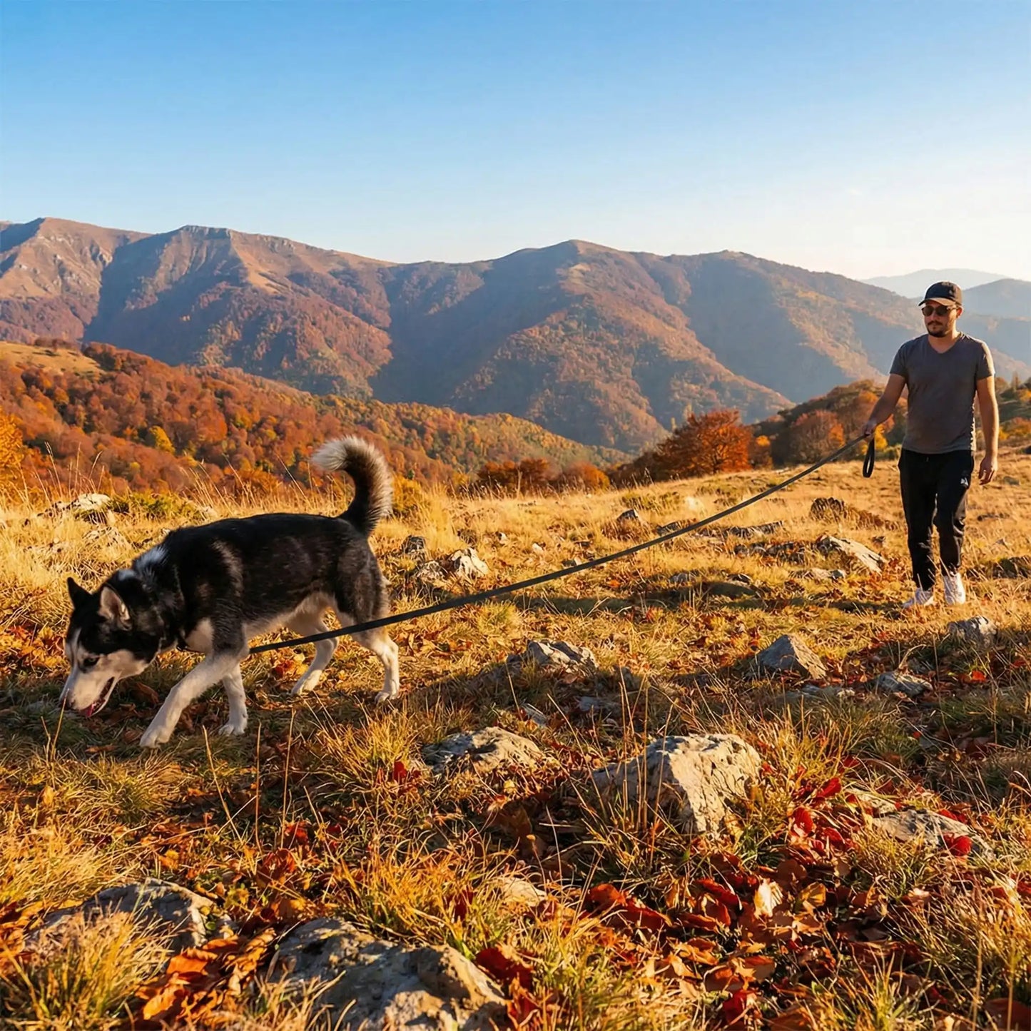 Longe pour chien en sentier rocailleux