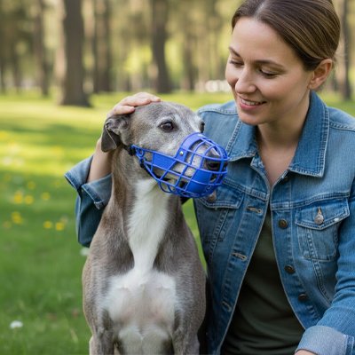 Museliere pour chien​ beau museau bleu en ballade