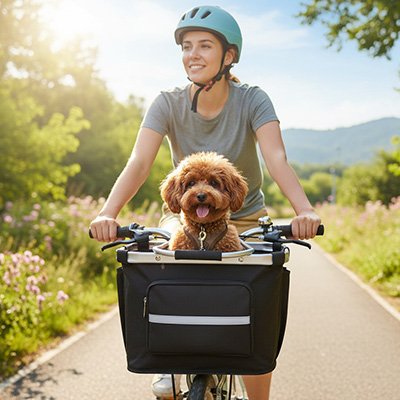 Vélo panier Chien femme a velo avec son chien