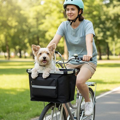 Vélo panier Chien femme au parc a velo